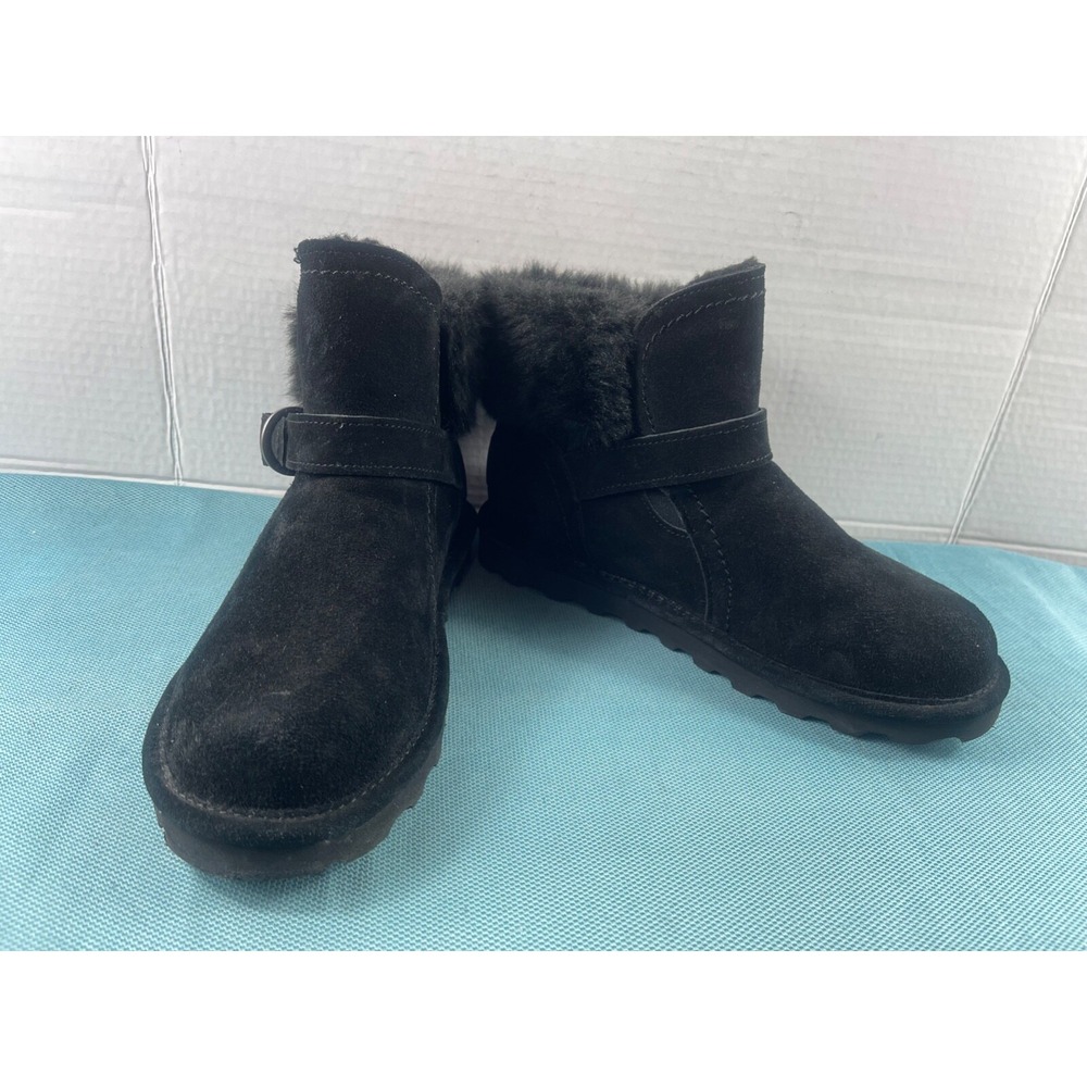 BEARPAW Koko Boots Women 9 M Shoes Black Suede Wool Faux Fur Trim Buckle Snow